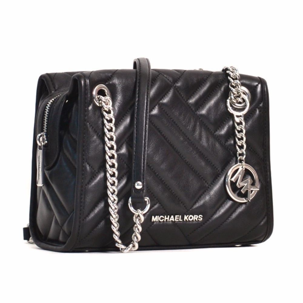 Michael Kors Black Quilted Leather Shoulder Bag with Silver Chain